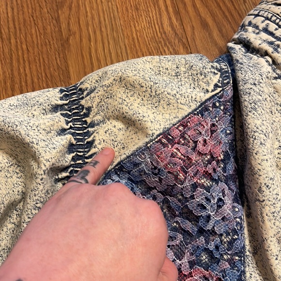 Vintage Acid Wash Denim Tie Dye Lace Quilted Puffer Stand Collar Jacket - Picture 5 of 12